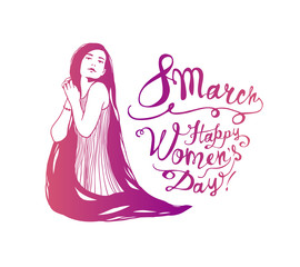 8 march. Happy Women's Day. Girl with long hair.