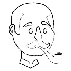bald man character face with mustache and smoking pipe vector illustration sketch