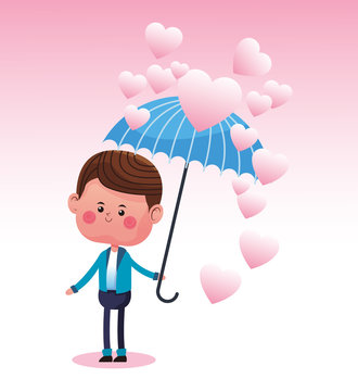 Cute boy with umbrella raining hearts vector illustration graphic design