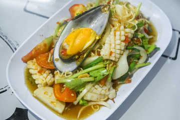 Spicy seafood salad,Thai Style,Mixed seafood,mussel squid prawn.