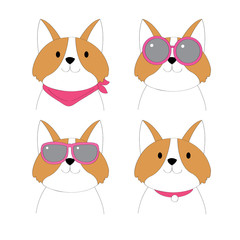 Cartoon fashions Shiba Inu dog vector set.