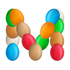 The letter M of the English alphabet is made up of colorful eggs. Isolated. White background. Education
