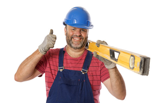 A Happy Tradesman Giving A Thumbs Up To The Camera, Isolated On White.