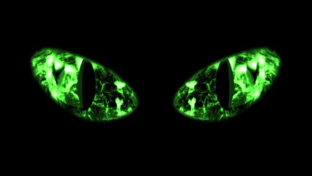 A monstrous 3d rendering of big black cat eyes with black irises and green retina with shimmering white flashes of flame. The eyes get gradually white color. 
