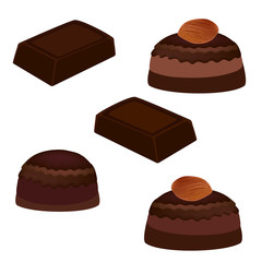 Chocolate closeup.  Chocolate bar and chocolate candies isolated on white background. Vector illustration.