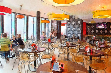 people in city cafe, watercolor style © Ariadna de Raadt