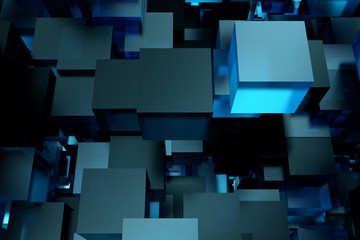 Abstract 3d rendering of chaotic cubes. Flying shapes in empty space. Futuristic background
