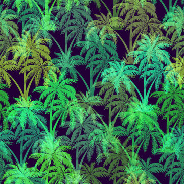 Exotic Seamless Pattern, Tropical Forest Landscape, Palms Trees Green Silhouettes on Black Tile Background. Vector