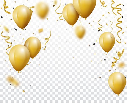 Celebration background with gold confetti and balloons, isolated on transparent background