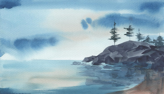 Watercolore landscape of the sea, rocks, pine trees against stomy sky. Hand drawn illustration.