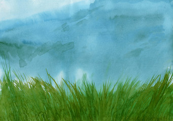 Watercolor green grass against blue sky. Meadow. Ecology.