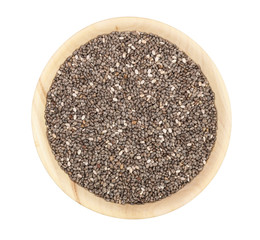 Chia seeds in wooden bowl isolated on white background. Top view