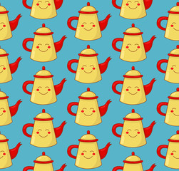 Teapot coffee pot with snile seamless vector pattern