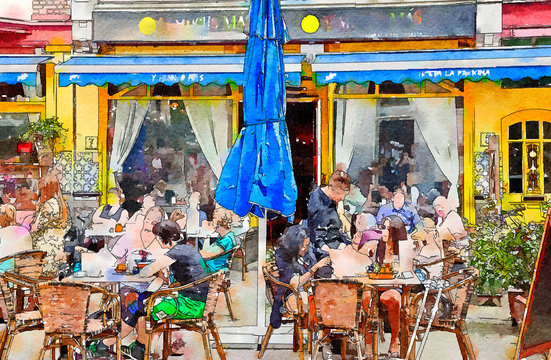 people on street cafe, watercolor style