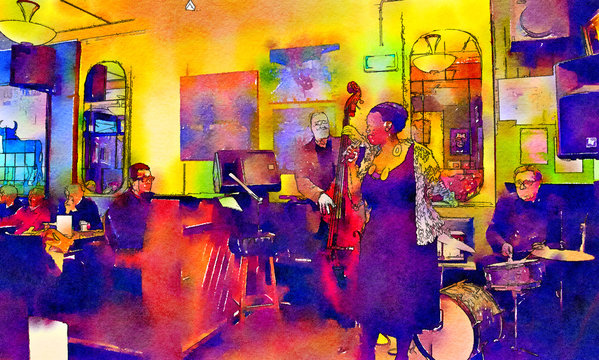 people in jazz cafe, watercolor style