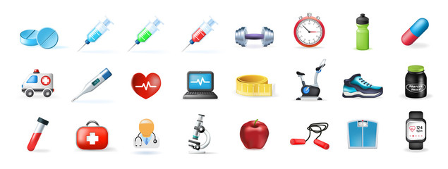 Set of Real Cute Medical and Fitness Elements on White Background . Isolated Vector Illustration 