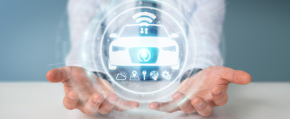 Businessman using modern smart car interface 3D rendering