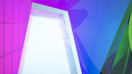 Abstract white and colored gradient glasses interior multilevel public space with window. 3D illustration and rendering.