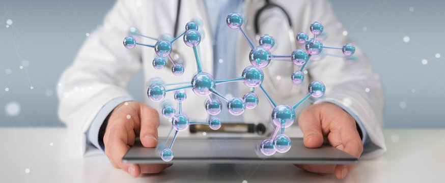 Doctor using digital molecule interface 3D rendering
