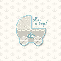 Fototapeta na wymiar baby shower with royal crown and blue vintage stroller, illustration