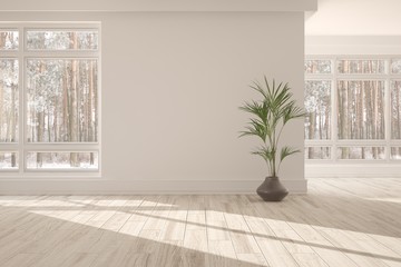 White empty room with winter landscape in window. Scandinavian interior design. 3D illustration