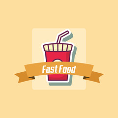 Emblem of fast food concept with soft drink icon and decorative ribbon over orange background, colorful design. vector illustration