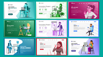 Website Design Template Set Vector. Business Project. Financial Management. Landing Page, Web, Site. Web Design And Development Architecture. Monitoring And Optimization. Cartoon Team. Illustration