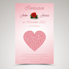 Wedding announcement with red hearts and roses