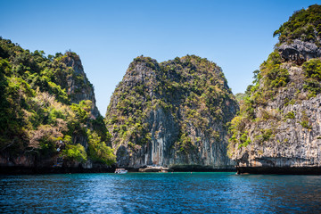 Loh samah bay with blue sky and water, Phi Phi Island, Thailand