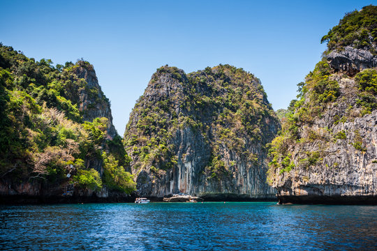Loh samah bay with blue sky and water, Phi Phi Island, Thailand