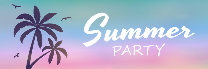 Tropical palm trees on colourful background with text - summer banner. Vector.