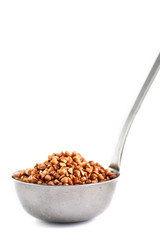 buckwheat in metal bucket on white background. Isolate