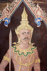 Wall paintings depicting the myth of Ramakien in the Wat Phra Kaew Palace, also known as the Emerald Buddha Temple. Bangkok, Thailand.