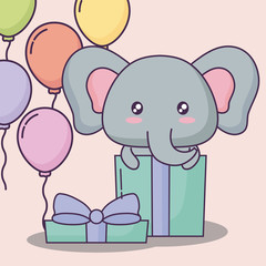 Happy birthday design with gift box with cute elephant and decorative balloons over pink background, colorful design. vector illustration