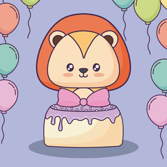 Fototapeta premium cute lion with birthday cake and decorative balloons over purple background, colorful design. vector illustration