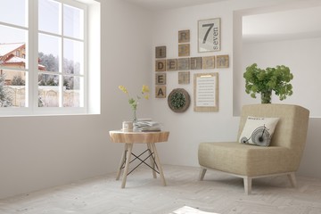 White room with armchair and winter landscape in window. Scandinavian interior design. 3D illustration