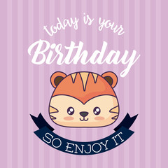 Happy birthday card with cute tiger icon and decorative ribbon over purple background, colorful design. vector illustration