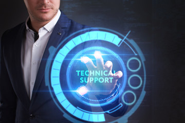 Business, Technology, Internet and network concept. Young businessman working on a virtual screen of the future and sees the inscription: Technical support