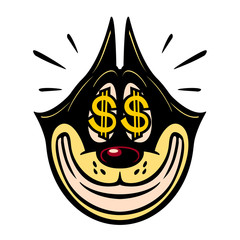 Vintage Toons: retro cartoon character smiling greedy cat with money dollar sign in eyes, sale, easy money, profit emoji vector illustration