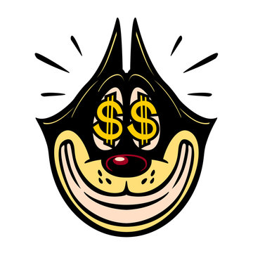 Vintage Toons: Retro Cartoon Character Smiling Greedy Cat With Money Dollar Sign In Eyes, Sale, Easy Money, Profit Emoji Vector Illustration