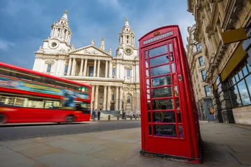 Acrylic prints London red bus London, England - Traditional red telephone box with iconic red double-decker bus on the move at St.Paul's Cathedral on a sunny day