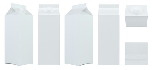 Set milk or juice carton packaging package box white blank. 3d rendering.