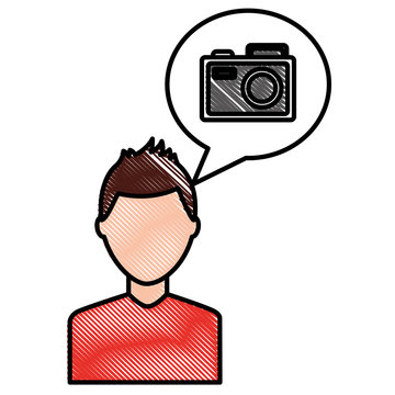 young man character camera in speech bubble social media vector illustration drawing