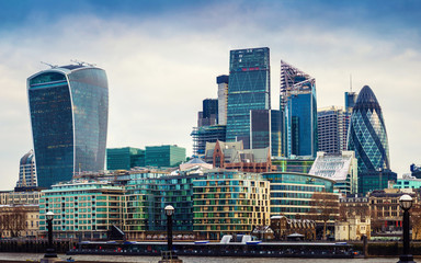 London, England - Panoramic view of Bank, London's leading financial district with blue sky and...