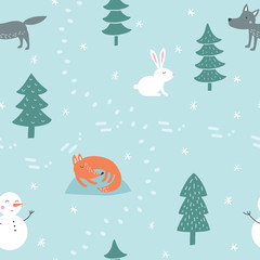 Fototapeta na wymiar Winter seamless pattern with cute animal in forest on blue background. Hand-drawn vector illustration for your design, printed, fabric, children room or clothing.