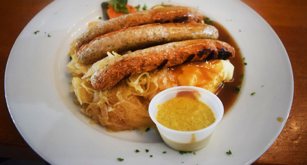 Sausage, Kraut, Potatoes, Mustard