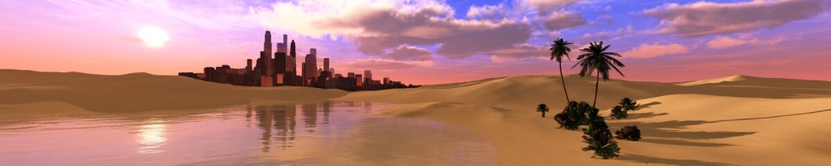 oasis in the sandy desert, a panoramic desert landscape with palm trees and a pond
