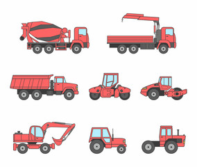 red Construction machines icons set