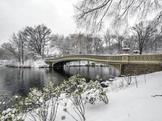 Bow bridge Central Park winter snow