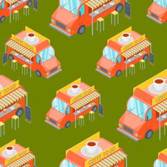 Street Cafe Food Truck Seamless Pattern Background Isometric View. Vector